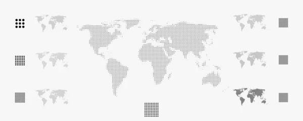  Set of flat earth world maps with round dots in different resolution. Round pixel pattern. Modern digital globe. Black dots on white background. Worldmap template for website, infographics, design. © Amgun