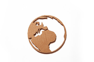 globe cut out of brown paper Set on white background, isolate with copy space.