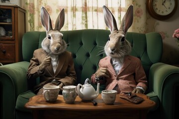 Fototapeta na wymiar Two rabbits sitting on the sofa.