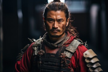 Obraz premium A samurai standing on a battlefield during the Sengoku period.