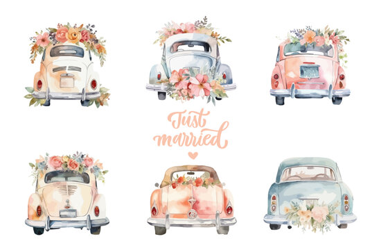 Set of hand drawn watercolor wedding car isolated on background.