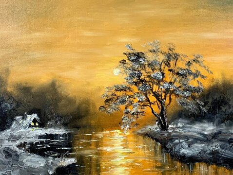 Oil painting on canvas old house on the lake in winter at sunset. Author's artistic decorative acrylic painting for interior winter landscape