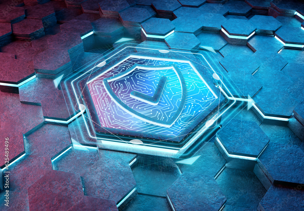 Fototapete shield icon concept engraved on metal hexagonal pedestral background. security logo glowing on abstr