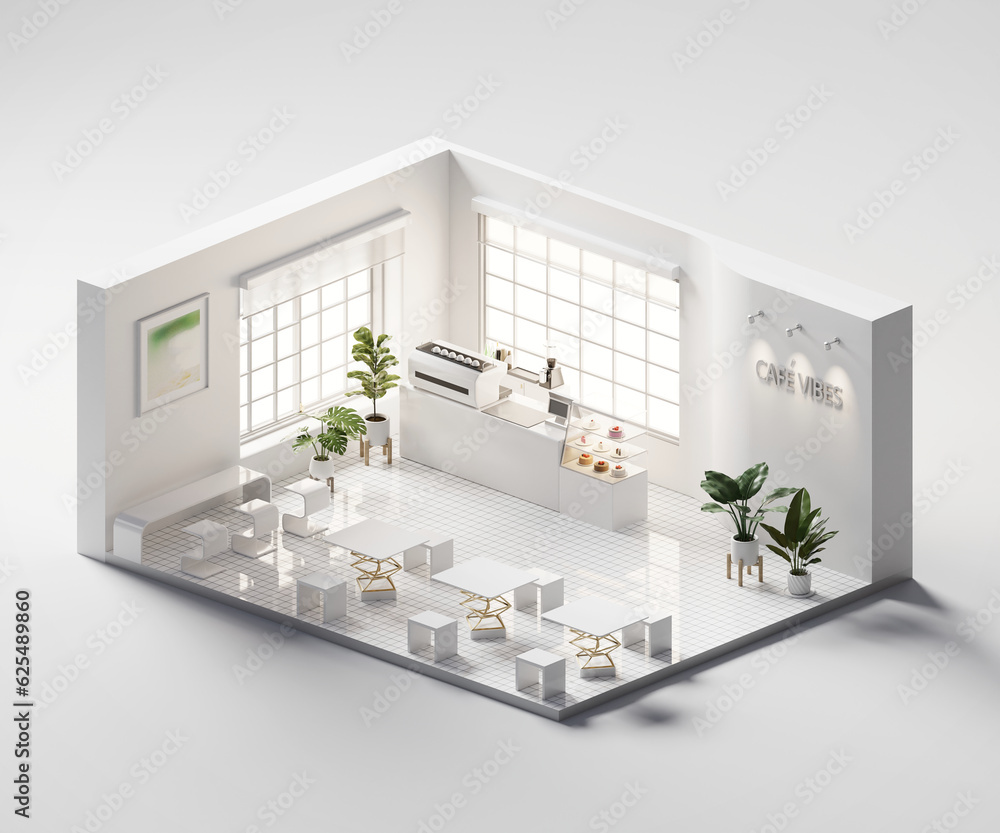 Poster isometric view minimal cafe store open inside interior architecture, 3d rendering digital art.