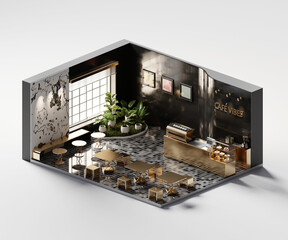Isometric view cafe store open inside interior architecture, 3d rendering.
