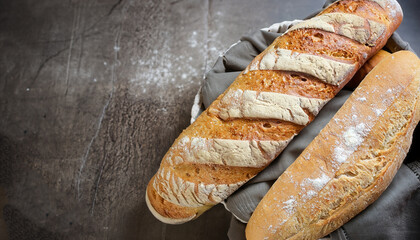 Fresh homemade crisp bread, top view. French bread. Bread at leaven. Unleavened bread