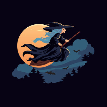 Old witch flying on broom with full moon on background vector illustration.