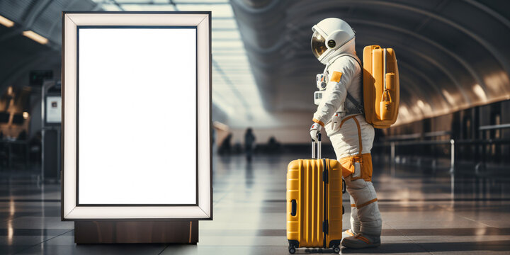 Astronaut with yellow travel suitcase looking at blank advertising billboard at airport, display blank screen or signboard mockup for offers or advertisement, copy space, generated ai