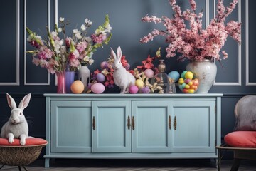 The Easter living room interior is adorned with a trendy sideboard, vibrant Easter eggs, a sculpture of the Easter bunny, a vase filled with leaves and magnolia flowers, as well as various personal