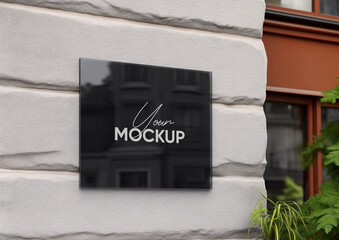 Black square signboard mockup in outside for logo design, brand presentation for companies, ad, advertising, shops.