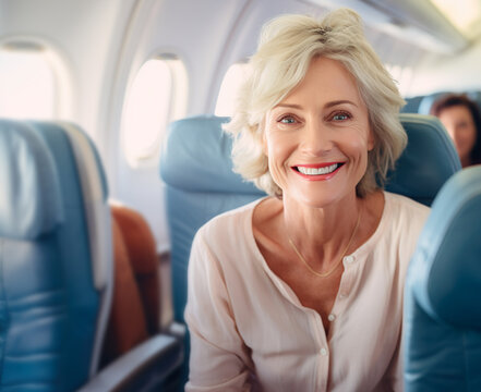 AI generated image of mature senior in airplane