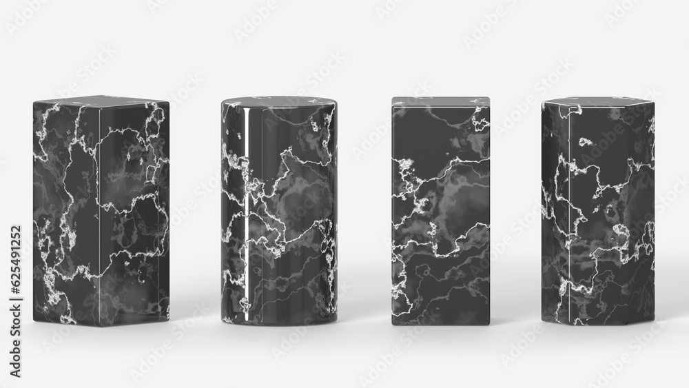 Wall mural Black marble stone pedestals or podiums 3d render icons set. Abstract geometric shapes, cylinders, rectangular cubes and hexagons, rock pillars, platforms for display cosmetic product. 3D illustration