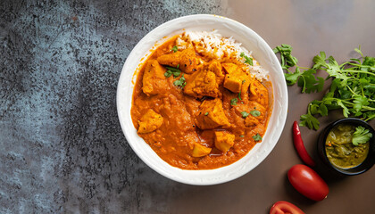 Chicken meat with tikka masala sauce, spicy curry food in a bowl with rice and seasonings, top view