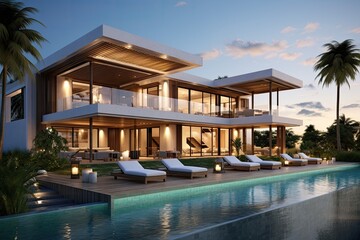Fototapeta premium Exterior view of a luxurious villa featuring an outdoor swimming pool.