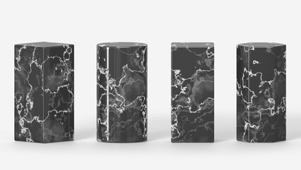 Black marble stone pedestals or podiums 3d render icons set. Abstract geometric shapes, cylinders, rectangular cubes and hexagons, rock pillars, platforms for display cosmetic product. 3D illustration