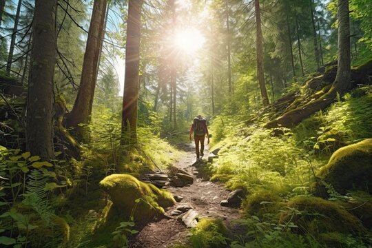 Thrill of Discovery: Exploring the Unknown on a Sunlit Forest Trail with an Adventurous Hiker, generative AI