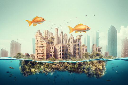Surreal image of a city and the ocean, fish swimming in the sky, animals and human settlement, mixing of habitats, environment issue, generative AI