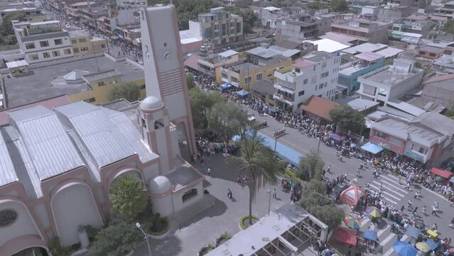 Aerial view of Senor del Terremoto de Patate ( earthquake God ) annual parade in Ecuador 