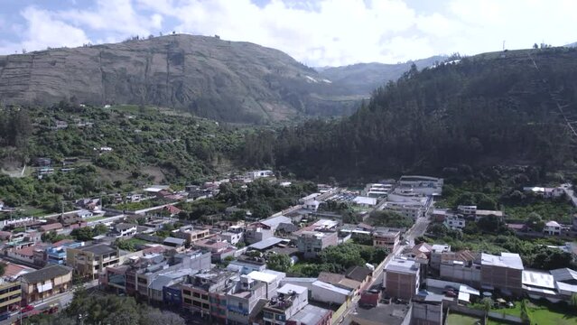 Aerial of San Pedro de Riobamba the capital of Chimborazo Province in central Ecuador, drone fly above andes mountains scenic latin America landscape 