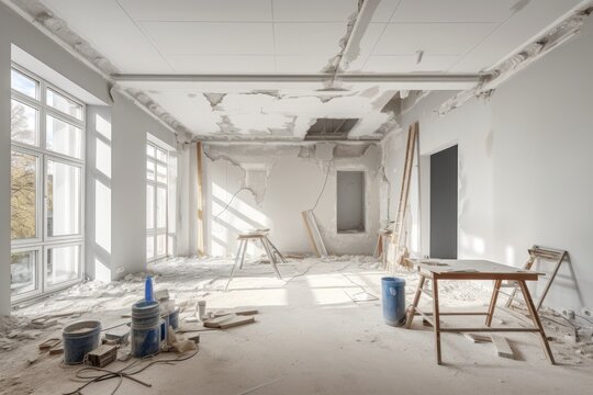 The concept of renovating a room involves preparing an unfinished building interior, specifically a white room in an apartment, for repairs. This includes transforming the room through renovations
