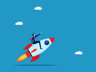 Businessman takes off with a rocket. start a business concept vector