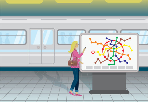 Traveling communte, tourism, finding the way on map. Woman at train, subway station, holding her mobile phone. Vector illustration.