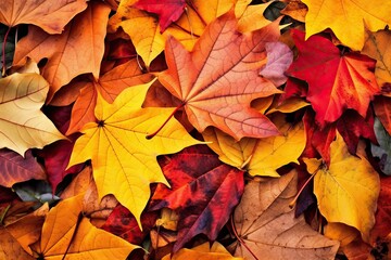 Naklejka na ściany i meble Colorful Fall Leaves Blanketing the Ground: Seasonal Tranquility in Autumn Background, generative AI