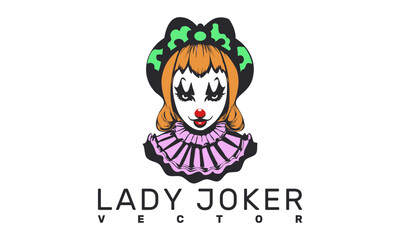 Vector portrait of cute redhead lady joker with red nose. Circus clown girl. White isolated background.
