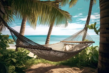 Tranquil Hammock Between Palm Trees: Tropical Relaxation in a Beach Background, generative AI