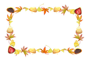 Watercolor hand drawn traditional Japanese sweets. Square frame of autumn wagashi with leaves. Isolated on white background. Design for invitations, restaurant menu, greeting cards, print, textile