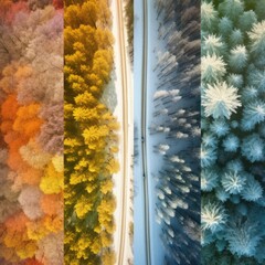 Aerial top drone view over all year seasons forest with straight road and car. Generative Ai.
