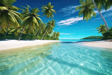 Tropical Paradise: Crystal Clear Turquoise Waters, Palm Trees Swaying in the Breeze - A Serene Beach Escape, generative AI