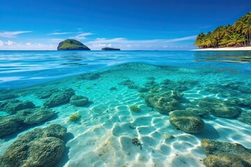 Fototapeta premium Tropical Lagoon: Crystal Clear Waters of a Blue Background, Serene and Inviting Paradise Escape, generative AI