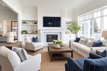 This stunning living room in a newly built luxurious home has a charming farmhouse aesthetic. It boasts gorgeous hardwood flooring, elegant white shiplap walls, a cozy fireplace, and a built in