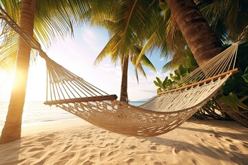 Tranquil Tropical Relaxation: Hammock in a Beach Background with Palm Trees, generative AI