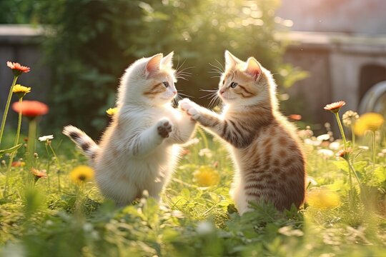 Playful Kittens: Paws and Whiskers Explore a Sunlit Garden in a Cuteness Overload, generative AI