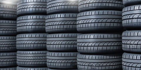 Tires in the workshop shelves. Car, motorcycle and truck tire change. Summer and winter tyres. Obligation car chains. Change tires at the tire specialist. AI generative.
