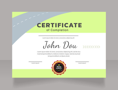 Clean transport certificate design template. Vector diploma with customized copyspace and borders. Printable document for awards and recognition. Kanit, Cabin, Dancing Script Bold, Regular fonts used