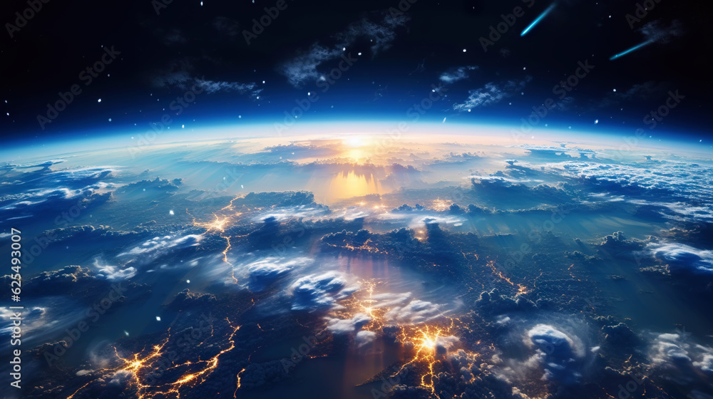 Canvas Prints panoramic view on planet earth globe from space. glowing city lights, light clouds. generative ai