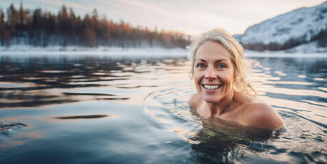 AI generated image of mature woman swimming on icy lake in winter - Powered by Adobe