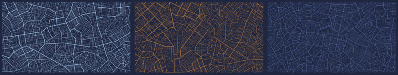 Set of maps with route distance data, path turns and destination tag or mark. Town roadmap. City top view. Hi-tech vector background.