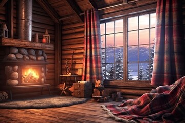 Cozy Rustic Cabin Interior: Warm Fireplace, Cozy Blankets, Relaxing Getaway, generative AI