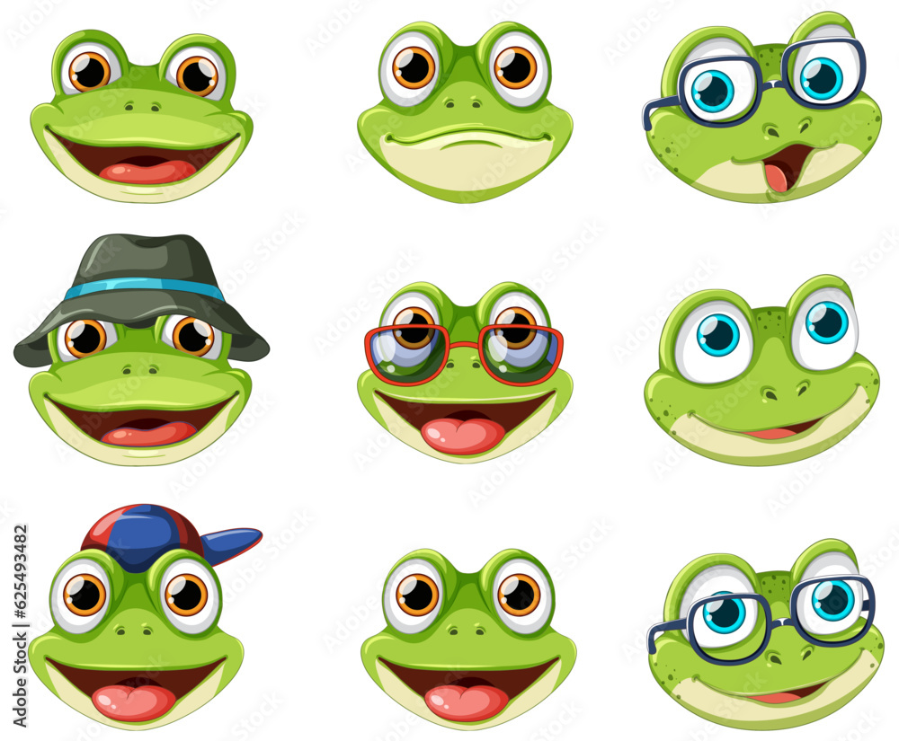 Sticker Collection of Frogs Faces in Cartoon Style