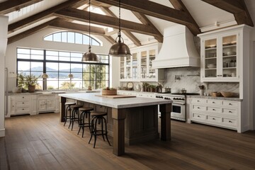 A farmhouse style kitchen that is well lit, roomy, and designed with contemporary elements. - obrazy, fototapety, plakaty
