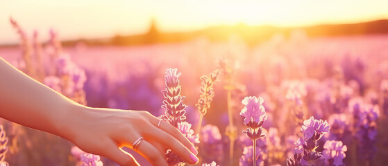 lavender field. flowers with a girl's hand