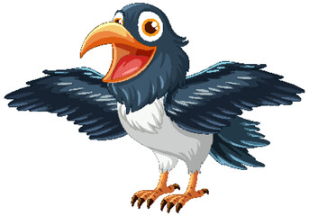 A happy raven spreads its wings in a vector cartoon illustration style, isolated on a white background