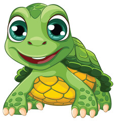 A cartoon illustration of a cute green turtle with a big smile on its face, isolated on a white background