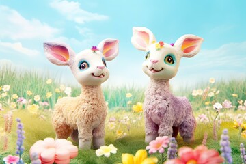 Fototapeta premium Colorful Pastel Meadow: Joyful and Playful, Cute Backgrounds of Adorable Baby Animals Playing, Soft and Whimsical, generative AI