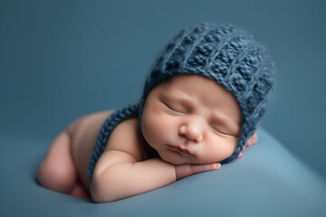 Newborn baby boy in a blue knitted hat