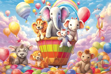 Naklejka premium Whimsical and Joyful: Playful Baby Animals in a Colorful Sky Filled with Balloons, generative AI